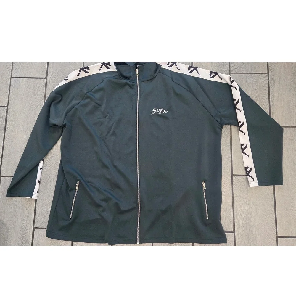 At War Worldwide Green Track Jacket Full Zip Logo Tape Sleeve 4XL Streetwear